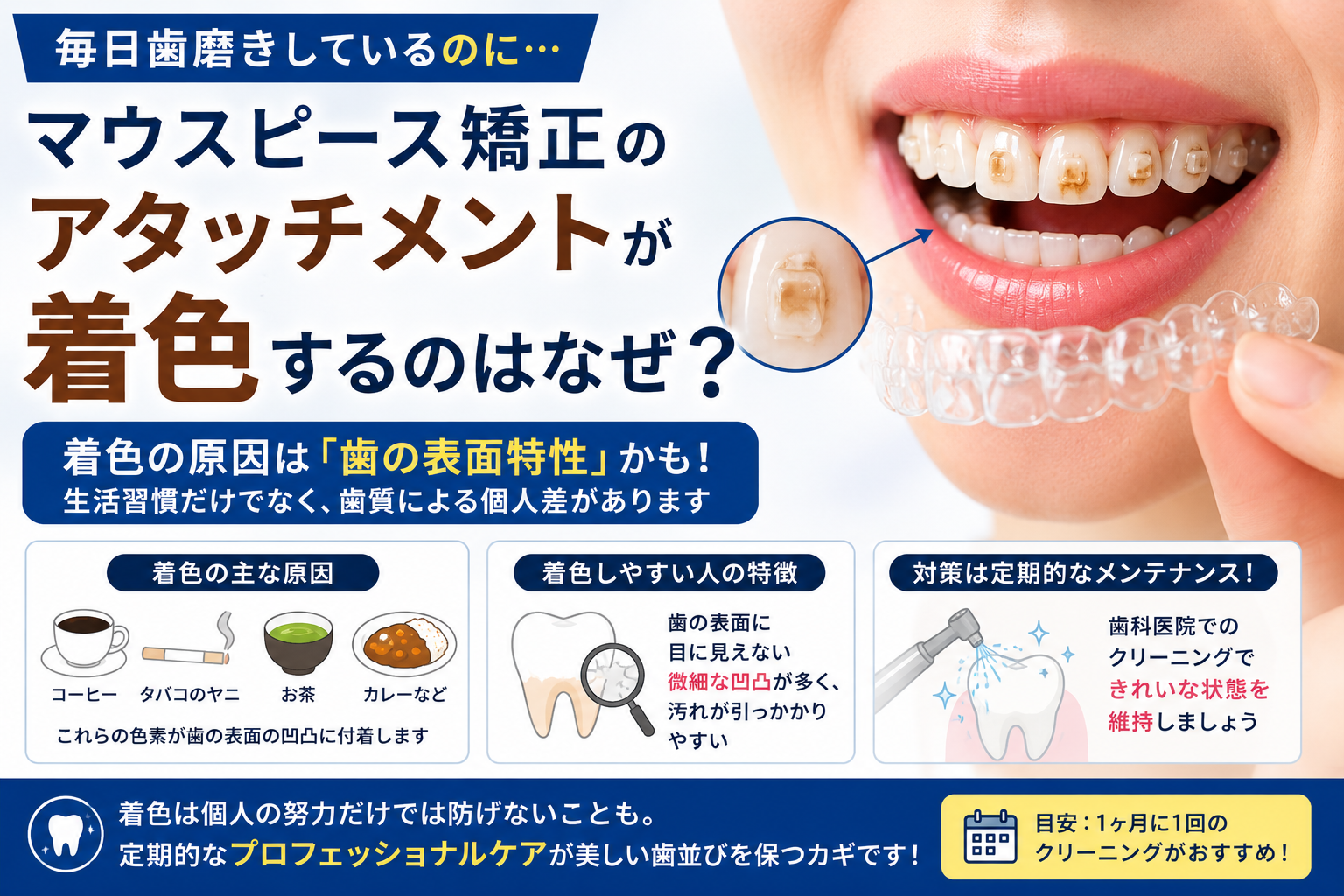 マウスピース矯正のアタッチメントが着色するのはなぜ？歯磨きだけでは